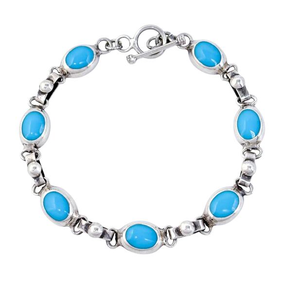 Mexican Blue Enamel Link Bracelet | Vintage Sterling Silver 925  7" - Picture 1 of 5